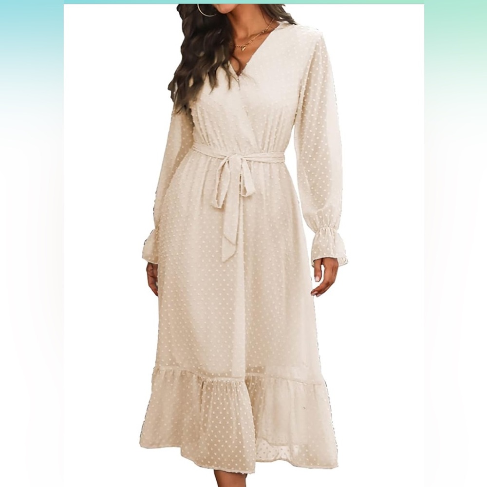 Women's Casual Dress Long Sleeve Wrap V Neck Swing A-Line Maxi Dress with Belt